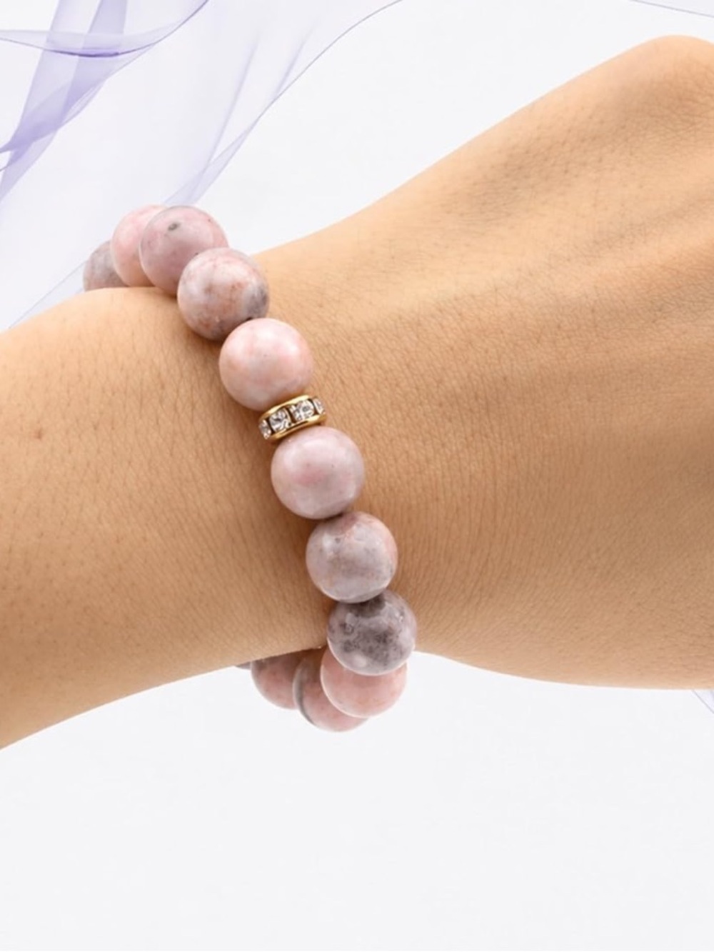 Anthropologie Pink and Gray Rhodonite Bead Bracelet with Gold Accents